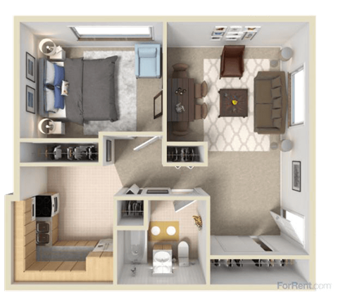 Floor plan for 1 bed, 1 bath, 647 sqft